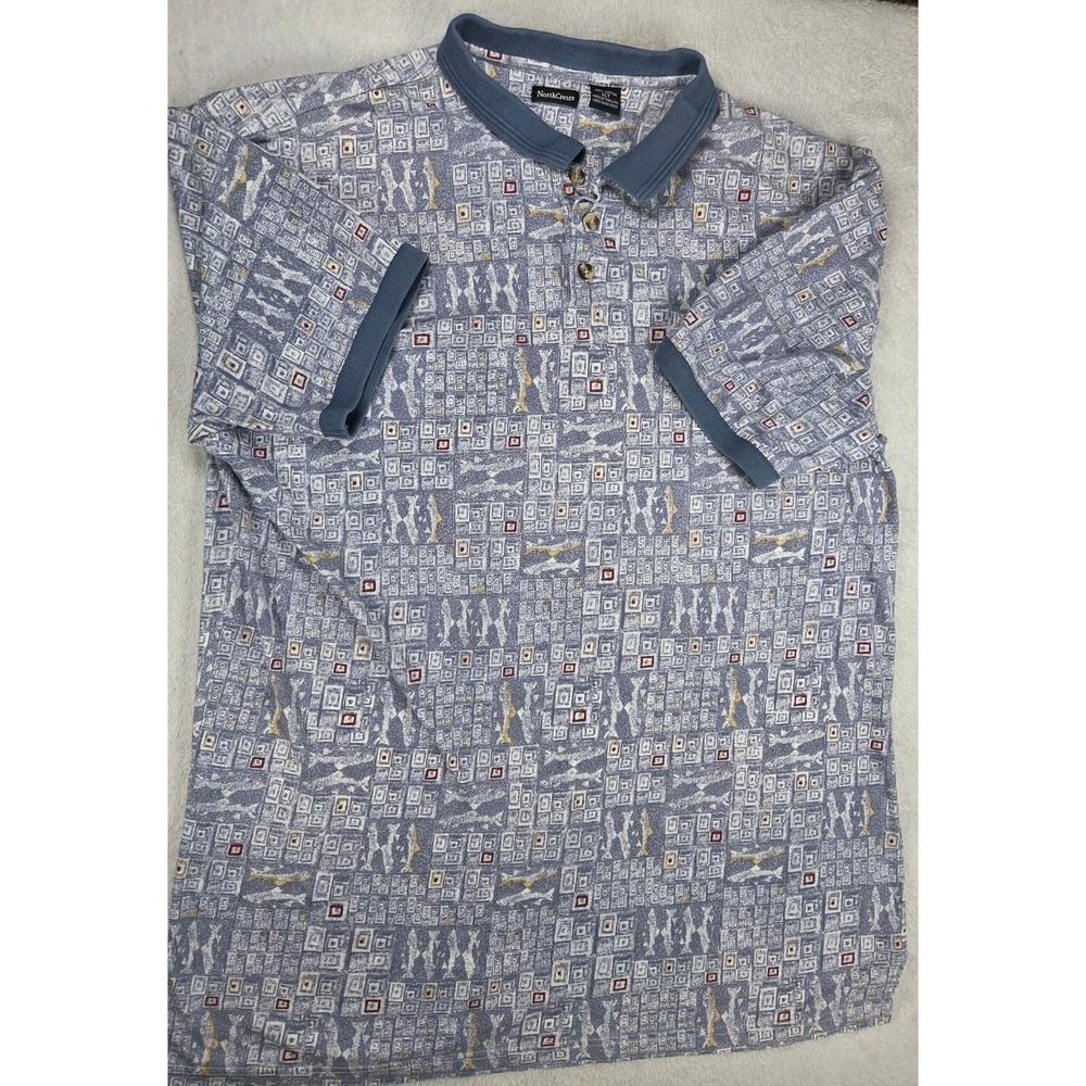 NorthCrest Men's XLT Tall Blue Abstract Geometric Cotton Polo Shirt Dadcore 90s